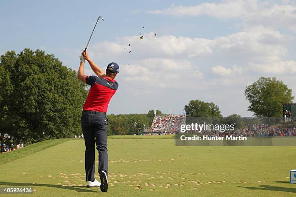 Henrik Stenson of Sweden hits his tee shot on the 11th hole during the third round of The Barclays at Plainfield Country Club on August 29, 2015 in...