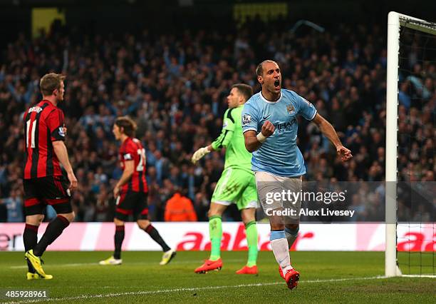 Pablo Zabaleta of Manchester City celebrates after scoring the opening goal during the Barclays Premier League match between Manchester City and West...