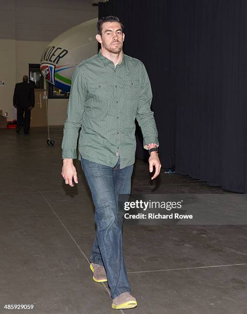 Nick Collison of the Oklahoma City Thunder arrives before Game One of the Western Conference Quarterfinals against the Memphis Grizzlies in the NBA...