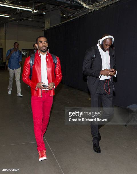 Mike Conley and Quincy Pondexter of the Memphis Grizzlies arrives before Game One of the Western Conference Quarterfinals against the Oklahoma City...