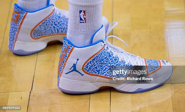 The shoes of Russell Westbrook of the Oklahoma City Thunder against the Memphis Grizzlies in Game One of the Western Conference Quarterfinals of the...