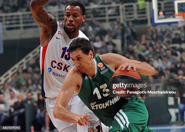 Dimitris Diamantidis, #13 of Panathinaikos Athens competes with Nikola Mirotic, #12 of Real Madrid during the Turkish Airlines Euroleague Basketball...