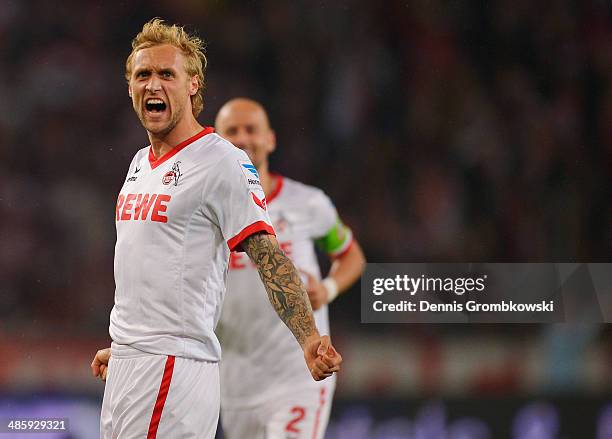 Marcel Risse of 1. FC Koeln celebrates his team's first goal during the Second Bundesliga match between 1. FC Koeln and VfL Bochum at...