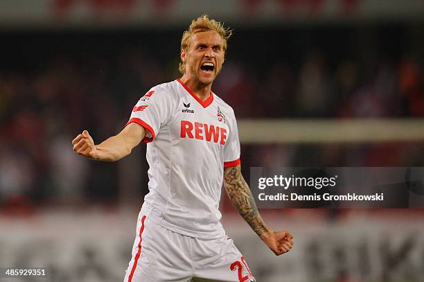 Marcel Risse of 1. FC Koeln celebrates his team's first goal during the Second Bundesliga match between 1. FC Koeln and VfL Bochum at...