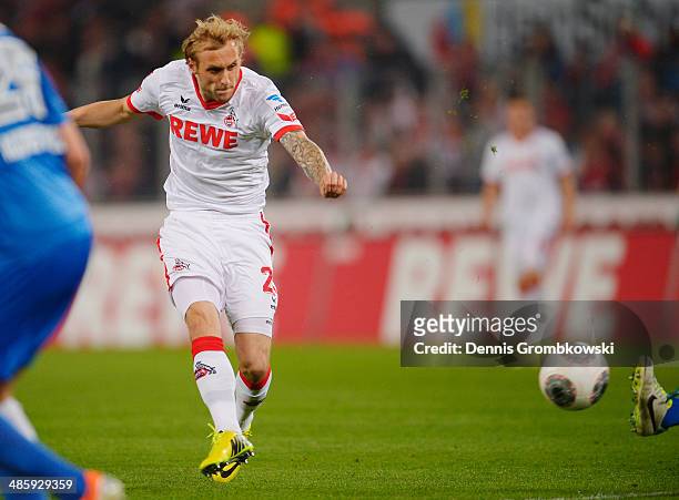 Marcel Risse of 1. FC Koeln scores his team's first goal during the Second Bundesliga match between 1. FC Koeln and VfL Bochum at RheinEnergieStadion...