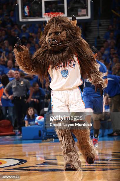 Rumble the Bison mascot of the Oklahoma City Thunder gets the crowd in the game against the Memphis Grizzlies during Game One of the Western...