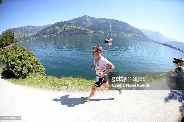 An athlete during the run section of Ironman 70.3 World Championship on August 30, 2015 in Zell am See, Austria.
