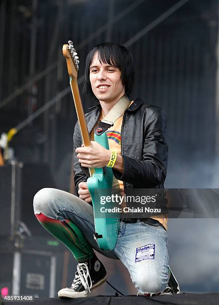 Ryan Jarman of The Cribs performs on Day 3 of The Reading Festival at Richfield Avenue on August 30, 2015 in Reading, England.