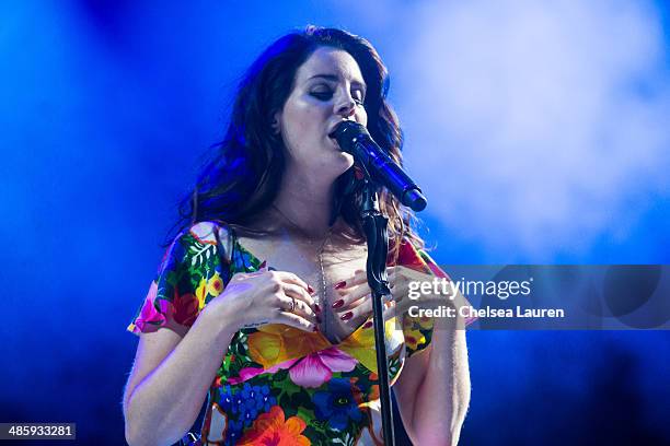 Singer Lana Del Rey performs at the Coachella valley music and arts festival at The Empire Polo Club on April 20, 2014 in Indio, California.