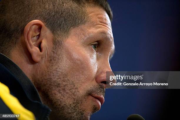 Head coach Diego Pablo Simeone of Club Atletico de Madrid answers questions from the media during a press conference the day before the UEFA...