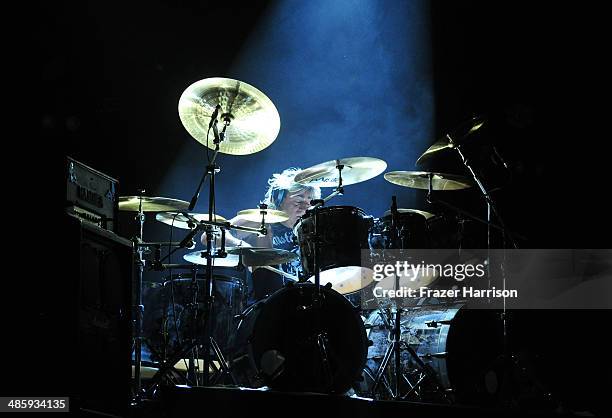 Musician Mikkey Dee of Motorhead performs onstage during day 3 of the 2014 Coachella Valley Music & Arts Festival at the Empire Polo Club on April...