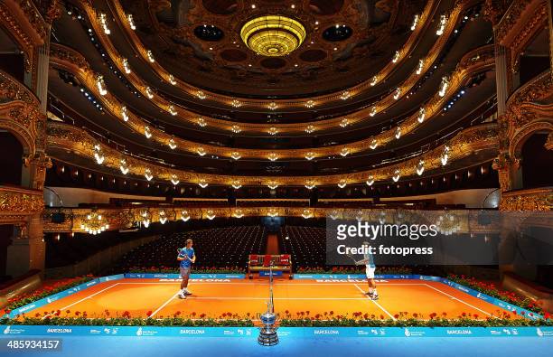 Rafael Nadal of Spain and David Ferrer of Spain play inside the Gran Teatre del Liceu in Barcelona during day one of the ATP Barcelona Open Banc...