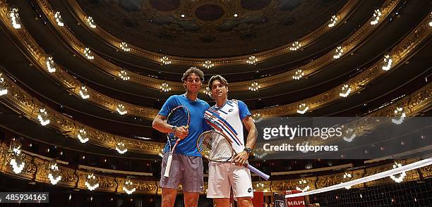 David Ferrer of Spain and Rafael Nadal of Spain pose inside the Gran Teatre del Liceu in Barcelona during day one of the ATP Barcelona Open Banc...