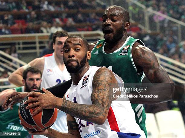 Aaron Jackson, #9 of CSKA Moscow competes with James Gist, #14 of Panathinaikos Athens during the Turkish Airlines Euroleague Basketball Play Off...