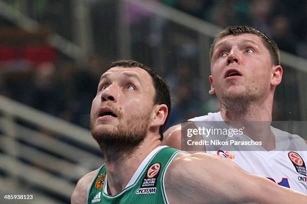 Loukas Mavrokefalides, #12 of Panathinaikos Athens competes with Victor Khryapa, #31 of CSKA Moscow during the Turkish Airlines Euroleague Basketball...