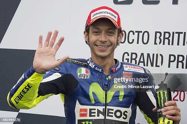 Valentino Rossi of Italy and Movistar Yamaha MotoGP celebrates his victory at the end of the MotoGP race during the MotoGp Of Great Britain - Race at...