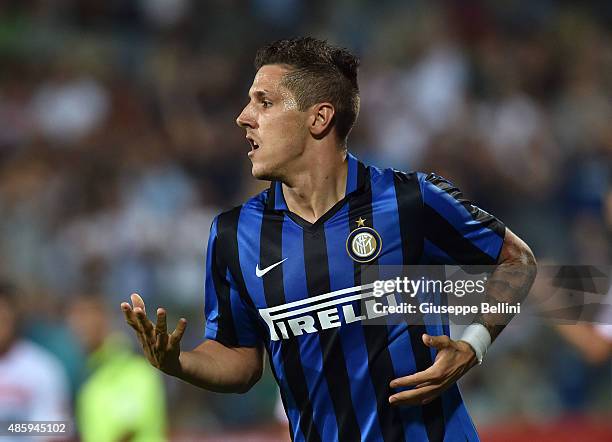 Stevan Jovetic of FC Internazionale Milano celebrates after scoring the opening goal during the Serie A match between Carpi FC and FC Internazionale...