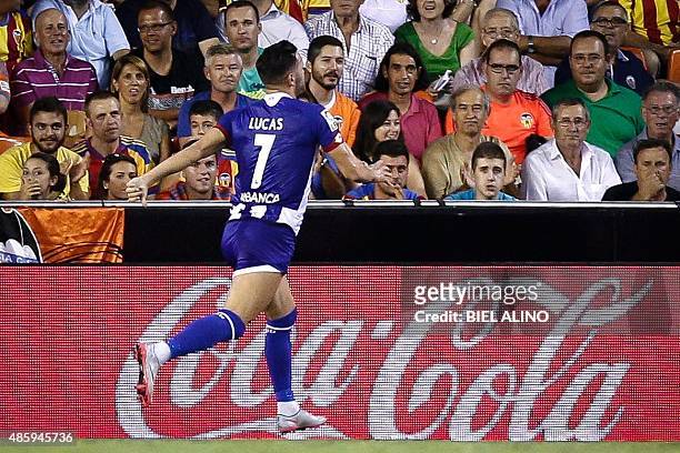Deportivo's Spanish forward Lucas Perez after scoring during the Spanish league football match Valencia CF vs RC Deportivo de La Coruna at the...