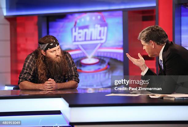 Personality Willie Robertson and Host Sean Hannity host of FOX's "Hannity With Sean Hannity" at FOX Studios on April 21, 2014 in New York City.