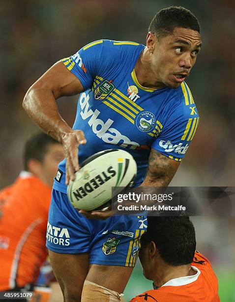 Willie Tonga of the Eels is tackled during the round seven NRL match between the Parramatta Eels and the Wests Tigers at ANZ Stadium on April 21,...