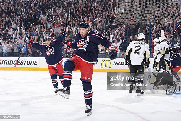 Jack Johnson of the Columbus Blue Jackets reacts after scoring a goal during the first period in Game Three of the First Round of the 2014 Stanley...