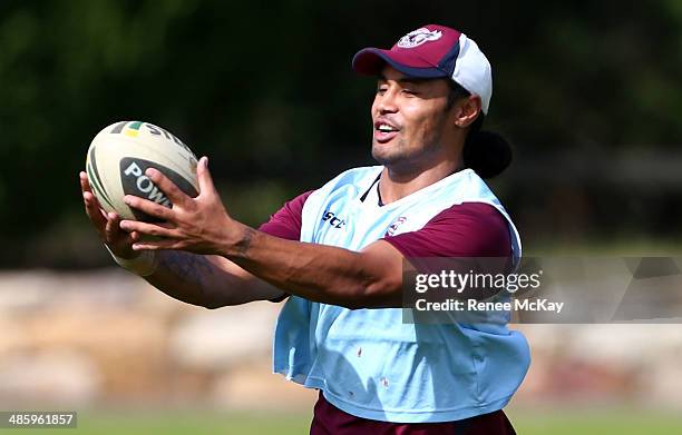 Steve Matai catches the ball during a Manly Warringah Sea Eagles NRL training session on April 22, 2014 in Sydney, Australia.