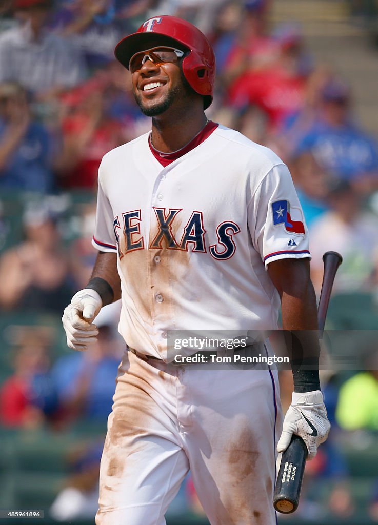 Texas Rangers Andrus Elvis Andrus of the Texas Rangers celebrates after scoring on an RBI ...