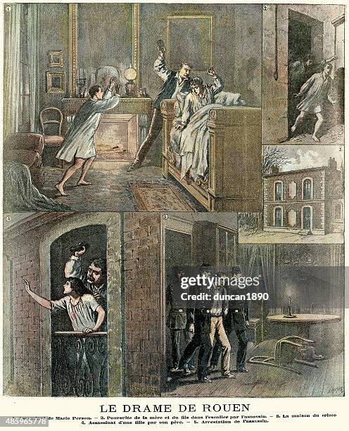 illustrations, cliparts, dessins animés et icônes de théâtre à rouen-le meurtre de marie personne 1890 - homme qui se cogne