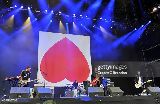 Alex Rosimilia, Benny Horowitz, Brian Fallon, Ian Perkins and Alex Levine of The Gaslight Anthem performs on stage during the final day of the...