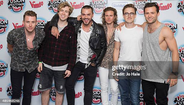 Danny Jones,James Bourne,Matt Willis,Dougie Poynter,Tom Fletcher and Harry Judd of McBusted pose in the Press Room at Fusion Festival at Cofton Park...