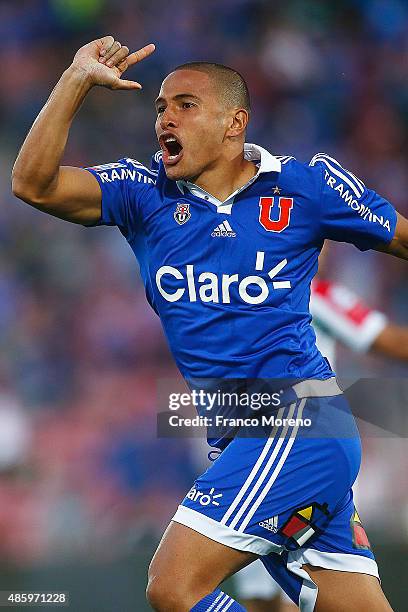 Leandro Benegas of Universidad de Chile celebrates after scoring the fourth goal of his team during a match between U de Chile and Palestino as part...