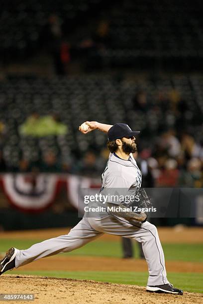 Joe Beimel of the Seattle Mariners pitches during the game against the Oakland Athletics at O.co Coliseum on April 3, 2014 in Oakland, California....
