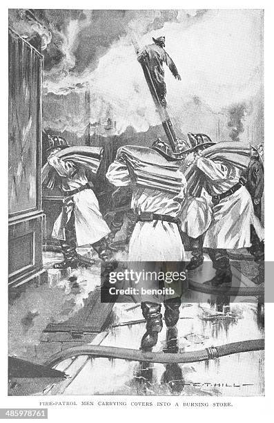 fire patrol carrying covers - tarpaulin stock illustrations