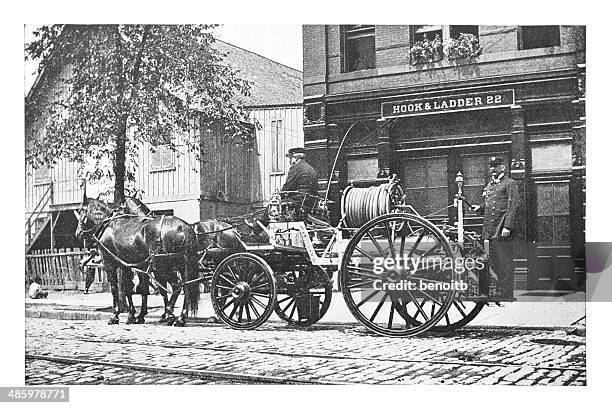 firetruck  in front of firehouse - fire engine stock illustrations