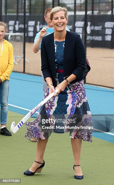 Sophie, Countess of Wessex tries her hand at hockey as she attends the Unibet EuroHockey Championships at the Lee Valley Hockey and Tennis Centre on...