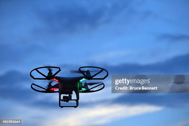 Drone is flown for recreational purposes in the sky above Old Bethpage, New York on August 30, 2015.