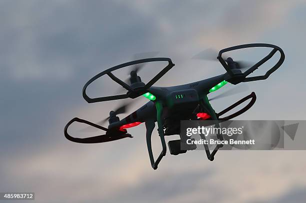 Drone is flown for recreational purposes in the sky above Old Bethpage, New York on August 30, 2015.