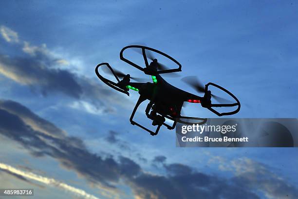 Drone is flown for recreational purposes in the sky above Old Bethpage, New York on August 30, 2015.