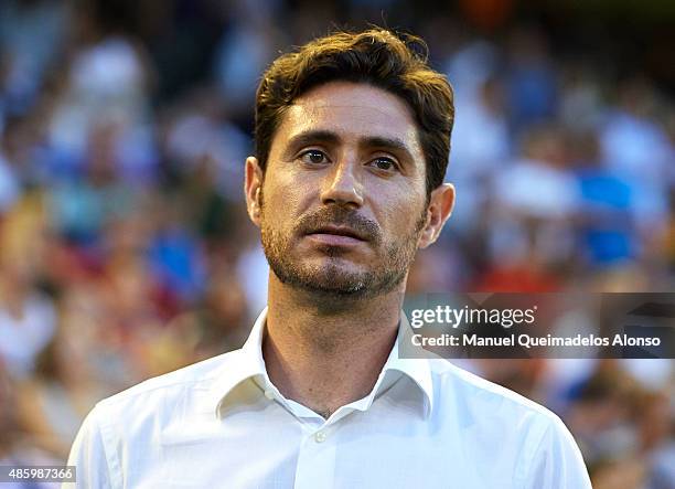 Deportivo de La Coruna manager Victor Sanchez del Amo looks on prior to the La Liga match between Valencia CF and RC Deportivo de La Coruna at Estadi...