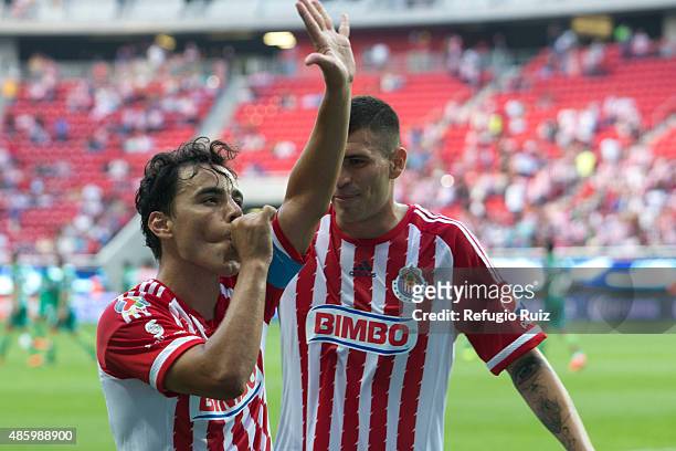 Omar Bravo of Chivas celebrates after scoring the third goal of his team during a 7th round match between Chivas and Chiapas as part of the Apertura...