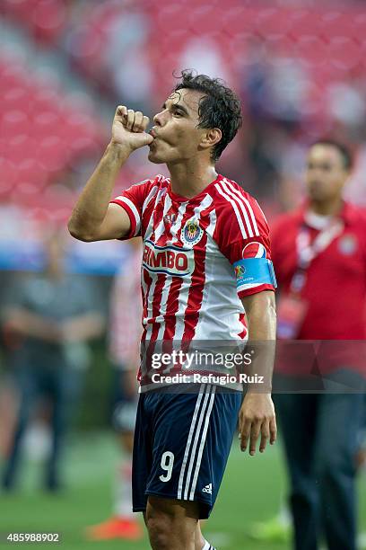 Omar Bravo of Chivas, celebrates after a 7th round match between Chivas and Chiapas as part of the Apertura 2015 Liga MX at Omnilife Stadium on...