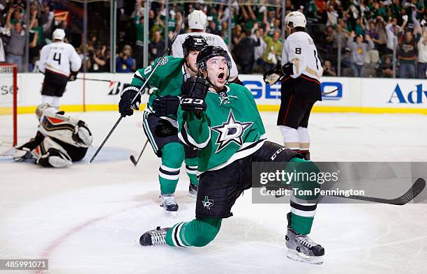 Ryan Garbutt of the Dallas Stars celebrates after scoring a goal against the Anaheim Ducks in the third period in Game Three of the First Round of...