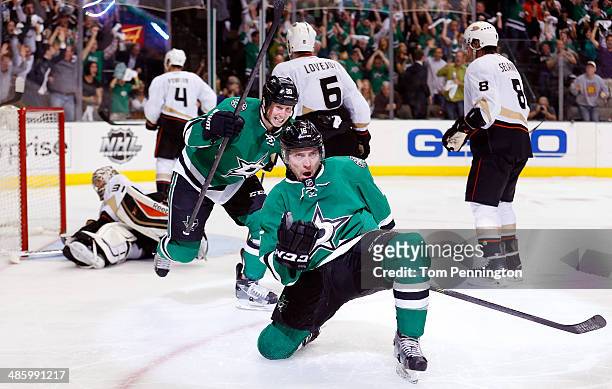 Ryan Garbutt of the Dallas Stars celebrates after scoring a goal against the Anaheim Ducks in the third period in Game Three of the First Round of...