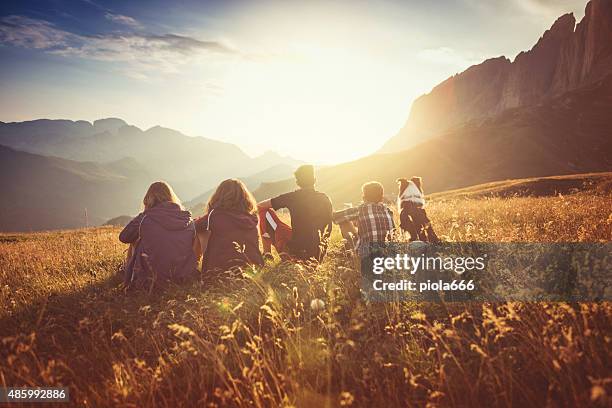 adventures on the dolomites with dog - group of people outside stock pictures, royalty-free photos & images