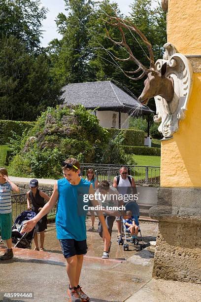 visitors trick fountains, trapped under the water jets - hellbrunn park stock pictures, royalty-free photos & images
