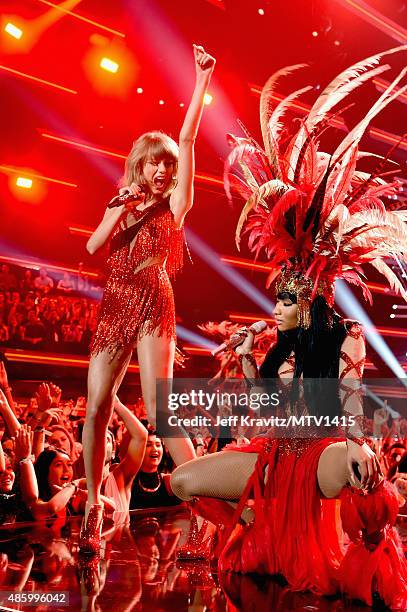 Recording artists Taylor Swift and Nicki Minaj perform onstage during the 2015 MTV Video Music Awards at Microsoft Theater on August 30, 2015 in Los...