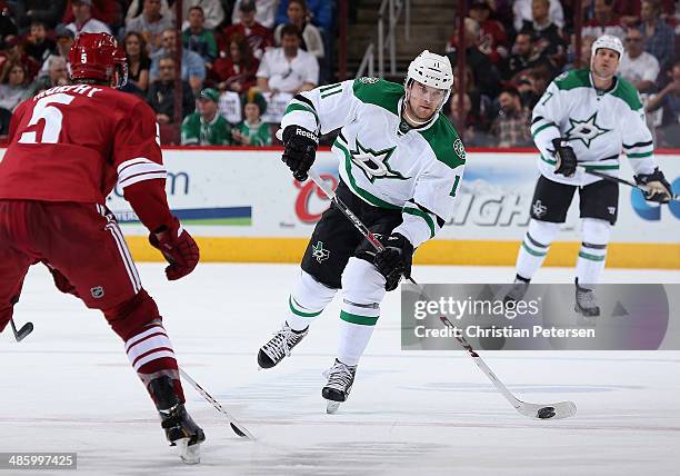 Dustin Jeffrey of the Dallas Stars skates with the puck during the NHL game against the Phoenix Coyotes at Jobing.com Arena on April 13, 2014 in...