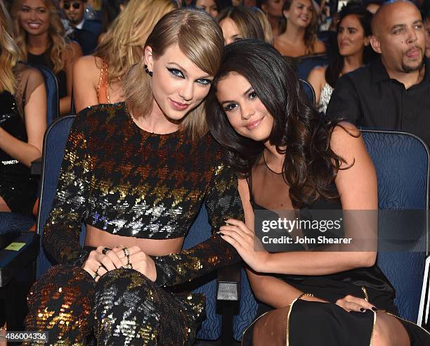 Singer-songwriters Taylor Swift and Selena Gomez in the audience during the 2015 MTV Video Music Awards at Microsoft Theater on August 30, 2015 in...
