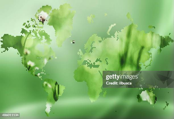 ilustraciones, imágenes clip art, dibujos animados e iconos de stock de hexagonal-pixelado naturaleza mapa del mundo - mosaico fotos