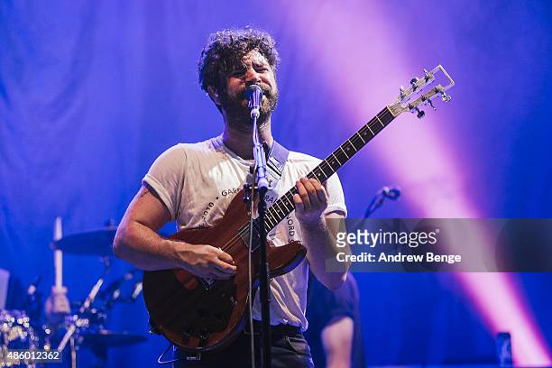 Yannis Philippakis of Foals performs on the NME Radio 1 stage during day 3 of Leeds Festival at Bramham Park on August 30, 2015 in Leeds, England.